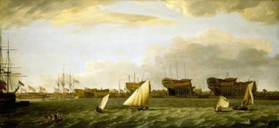Uitzicht op Blackwall Yard vanaf de noordelijke oever van de Theems door Francis Holman
