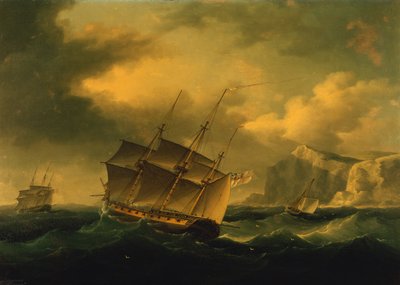 Een Engelse fregat duwt een Frans fregat naar een rotsachtige kust door Francis II Sartorius