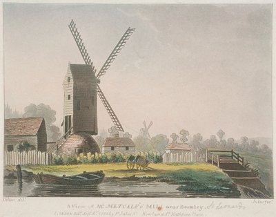 Een uitzicht op de molen van meneer Metcalf nabij Bromley, Bow, Poplar, Londen door Francis Jukes
