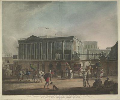 Gezicht op een huis, fabriek en bazaar in Calcutta door Francis Jukes