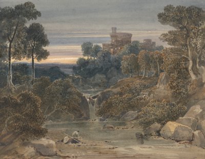 Landschap met kasteel, waterval en stroom op de voorgrond door Francis Oliver Finch