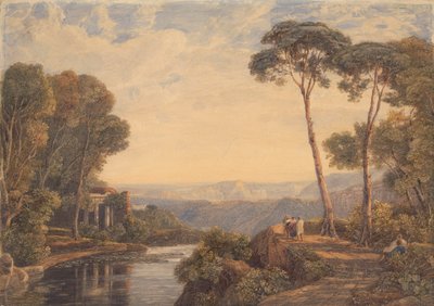 Landschap met een Tempel en Figuren bij een Rivier door Francis Oliver Finch