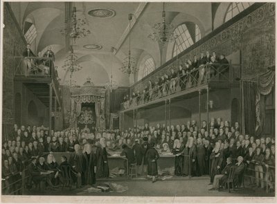 Uitzicht op het interieur van het House of Lords tijdens het belangrijke onderzoek in 1820 (gravure) door Francis Phillip (after) Stephanoff