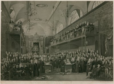 Interieur van het Hogerhuis, Westminster, Londen, tijdens het belangrijke onderzoek in 1820 door Francis Phillip Stephanoff