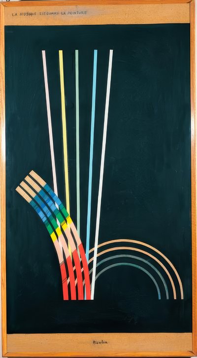 Alles. Zwarte kleuren, witte, rode, blauwe, gele lijnen, krommen, rechte lijnen, bogen. door Francis Picabia