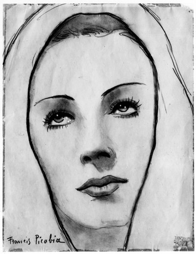 Gezicht van vrouw met sluier, door Francis Picabia (1879-1953); grafietpotlood en aquarel op papier. door Francis Picabia