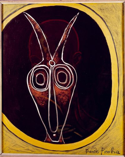 Transparant. Mannengezicht en dierenkop met hoorn erop, 20e eeuw (olieverf op doek) door Francis Picabia