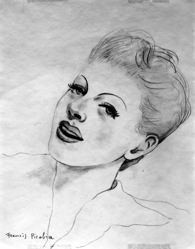 Achteroverleunend vrouwengezicht, door Francis Picabia (1879-1953); grafietpotlood op papier. door Francis Picabia