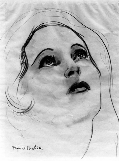Vrouwengezicht met opgeheven ogen, door Francis Picabia (1879-1953); grafietpotlood en aquarel op papier. door Francis Picabia