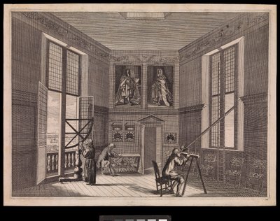 Drie figuren die astronomische apparatuur gebruiken in de Grote Sterrenkamer of de Octagonkamer, zoals het vandaag bekend is, in het Koninklijk Observatorium, ca. 1676 door Francis Place