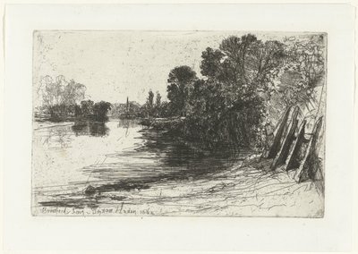 Oever van de Theems bij Brentford door Francis Seymour Haden (Sir) (signed by artist)