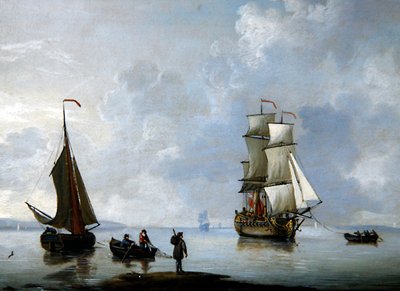 Een Brits oorlogsschip wordt naar anker gesleept door Francis Swaine