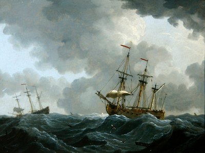 Een Marine: twee fregatten in een naderende storm door Francis Swaine