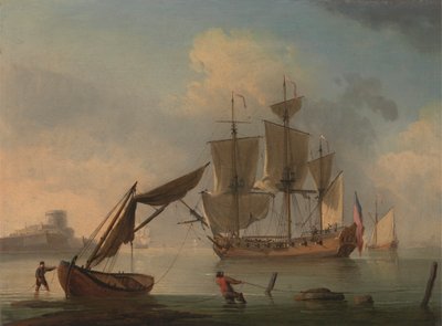 Een Engelse sloep kalm bij de kust door Francis Swaine