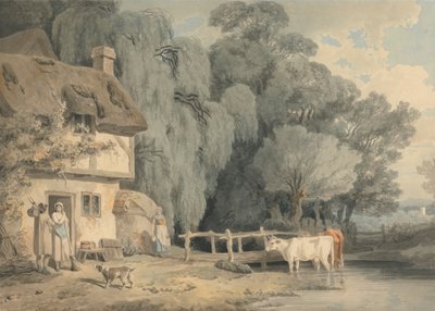 Plattelandstafereel: figuren bij een huisdeur en vee in een stroom door Francis Wheatley