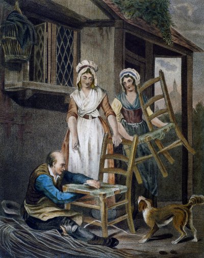 Het maken van rieten stoelzittingen, gravure door Francis Wheatley (1747-1801) uit Cries in London, Verenigd Koninkrijk door Francis Wheatley