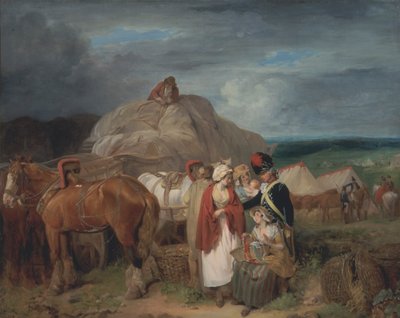 Soldaat met Plattelandsvrouwen die Linten Verkopen, nabij een Militair Kamp door Francis Wheatley