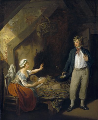 De terugkeer van de zeeman, interieur van het huisje: slaapkamer, met de vrouw en moeder liggend in bed, het enige meubilair in de kamer, met kale bakstenen muren door Francis Wheatley