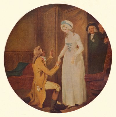 Jonge Marlow en Miss Hardcastle: Een scène uit She Stoops to Conquer van Oliver Goldsmith Act V door Francis Wheatley