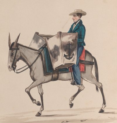 Een bakker te paard, uit een groep tekeningen die Peruaanse kostuums uitbeelden, ca. 1848 door Francisco