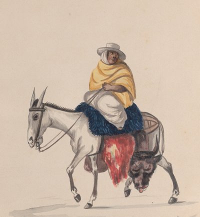 Een slager die op een ezel rijdt, uit een groep tekeningen die Peruaanse kostuums uitbeelden door Francisco