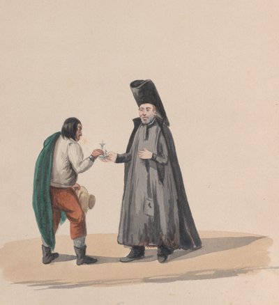 Een kanunnik die een kruisbeeld aan een man overhandigt, uit een groep tekeningen van Peruaanse kostuums door Francisco