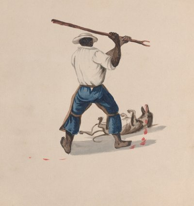 Een man van achteren gezien die een hond met een stok slaat, ca. 1848 door Francisco