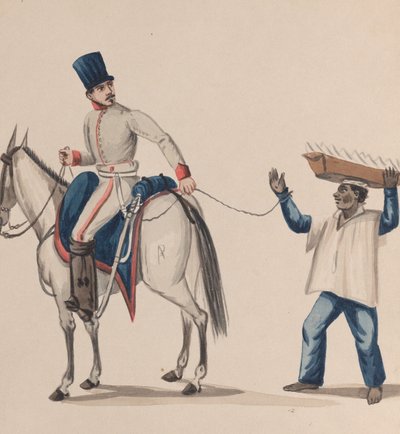 Een soldaat te paard die een touw vasthoudt dat een inheemse slaaf beveiligt die een bord balanceert, ca. 184 door Francisco