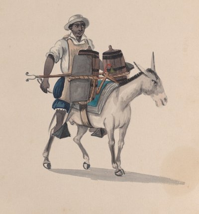 Een waterdrager rijdend op een ezel, uit een groep tekeningen die Peruaanse kostuums uitbeelden, ca. 1848 door Francisco