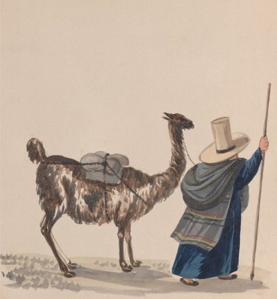 Een vrouw die met een lama loopt, uit een groep tekeningen die Peruaanse kostuums uitbeelden door Francisco