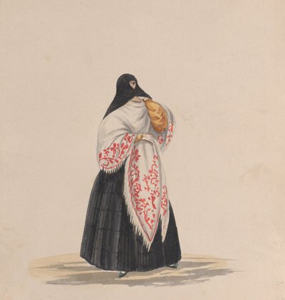 Een elegant geklede vrouw, uit een groep tekeningen die Peruaanse kostuums uitbeelden, ca. 1848 door Francisco