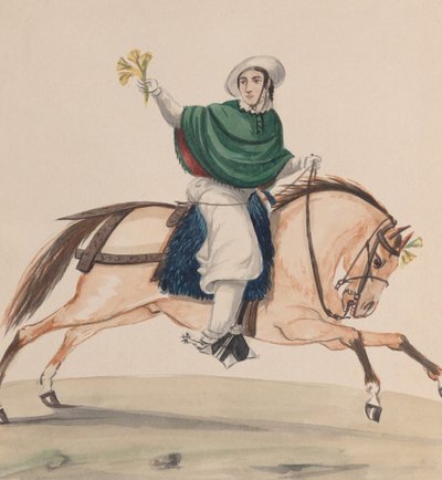Een elegant geklede vrouw te paard, uit een groep tekeningen die Peruaanse..., ca. 1848 door Francisco