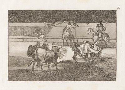 Banderillas met vuurwerk, Plaat 31 uit La tauromaquia door Francisco de Goya