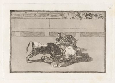 Een picador valt van zijn paard onder de stier, Plaat 26 uit La tauromaquia door Francisco de Goya