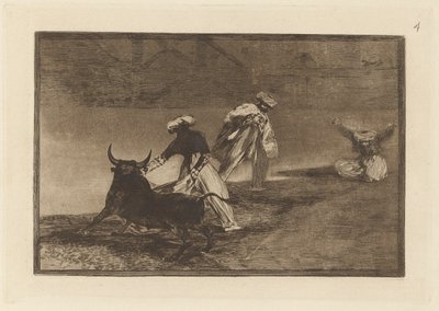 Ze spelen een ander met de cape in de omheining, Plaat 4 uit La tauromaquia door Francisco de Goya