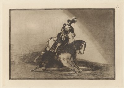 Carlos V. die een stier spietst in de arena van Valladolid, Plaat 10 uit La tauromaquia door Francisco de Goya