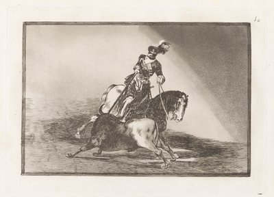 Carlos V. steekt een stier in de arena van Valladolid, Plaat 10 uit La tauromaquia door Francisco de Goya