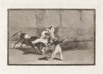 Cogida de un moro estando en la plaza (Een Moor Gevangen door de Stier in de Ring), Plaat 8 uit La tauromaquia door Francisco de Goya