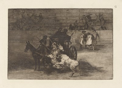 Gevecht in een koets met twee muilezels, Plaat G uit La tauromaquia (derde editie) door Francisco de Goya