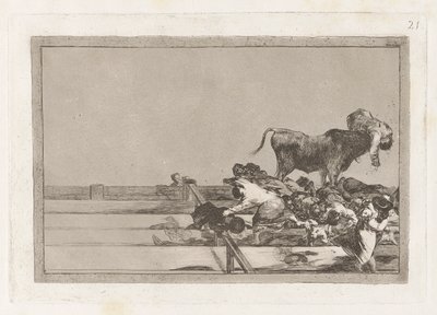 Vreselijke Gebeurtenissen in de Voorste Rijen van de Ring in Madrid en de Dood van de Burgemeester van Torrejon, Plaat 21 uit La tauromaquia door Francisco de Goya