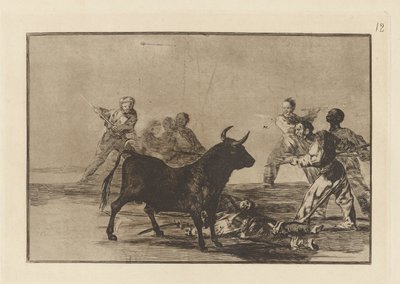 Het gepeupel hamstringt de stier met lansen, sikkels, banderillas en andere wapens, Plaat 12 uit La tauromaquia door Francisco de Goya