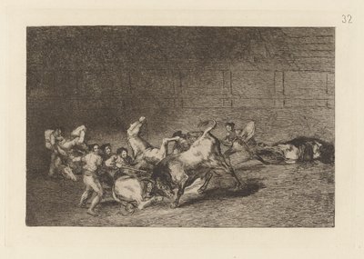 Dos grupos de picadores arrolados de seguida por un solo toro, Plaat 32 uit La tauromaquia door Francisco de Goya