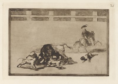 Echan perros al toro, Plaat 25 uit La tauromaquia door Francisco de Goya