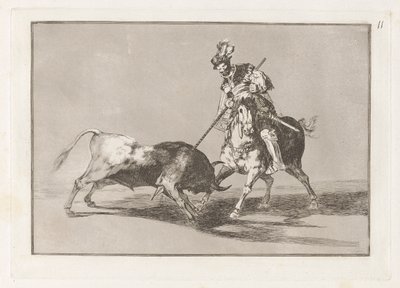 El Cid Campeador die een Andere Stier Lans, Plaat 11 uit La tauromaquia door Francisco de Goya