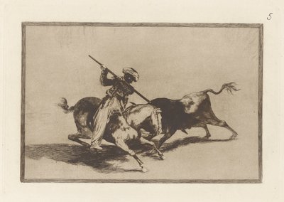 De moedige Moor Gazul is de eerste die stieren volgens de regels speert, Plaat 5 uit La tauromaquia door Francisco de Goya
