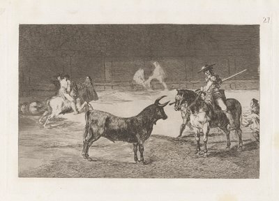 De beroemde picador, Fernando del Toro, lokt het woeste beest met zijn piek, Plaat 27 uit La tauromaquia door Francisco de Goya