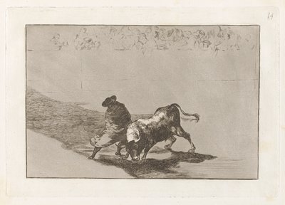 El diestrísimo estudiante de Falces, embozado burla al toro con sus quiebros (De zeer bekwame student van Falces, gewikkeld in zijn cape, bedriegt de stier met het spel van zijn lichaam), Plaat 14 uit La tauromaquia door Francisco de Goya