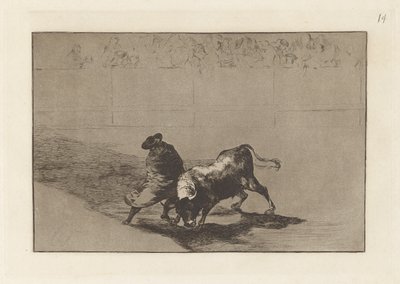 El diestrísimo estudiante de Falces, embozado burla al toro con sus quiebros, Plaat 14 uit La tauromaquia door Francisco de Goya