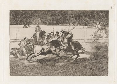 El esforzado Rendon picando un toro, de cuya suerte muri? en la plaza de Madrid (De krachtige Rendon steekt een stier met de piek, van welke pas hij stierf in de ring van Madrid), Plaat 28 uit La tauromaquia door Francisco de Goya