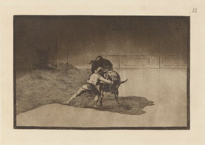 De beroemde Martincho plaatst de banderillas met de beweging van zijn lichaam, Plaat 15 uit La tauromaquia door Francisco de Goya